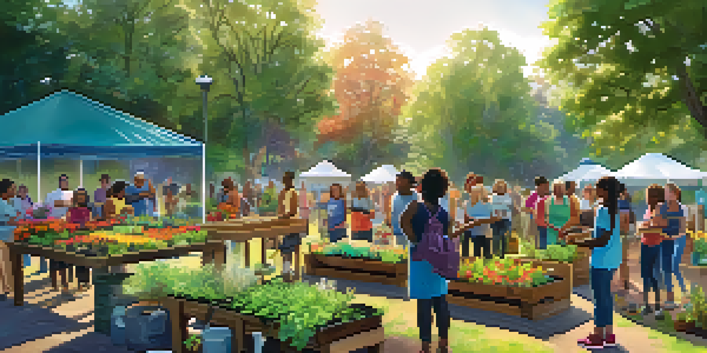 A community workshop in a park with residents learning about composting and gardening, surrounded by greenery.