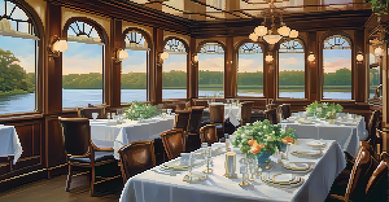 An elegant dining scene on a riverboat with Southern dishes and a view of the Savannah River.