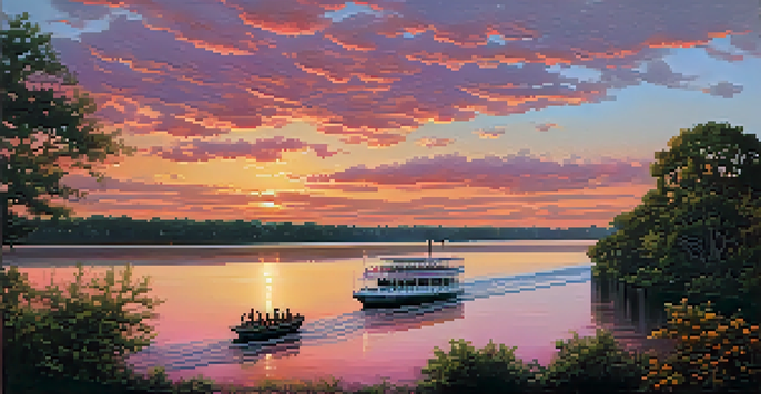 A sunset over the Savannah River with a riverboat and silhouetted historic buildings.