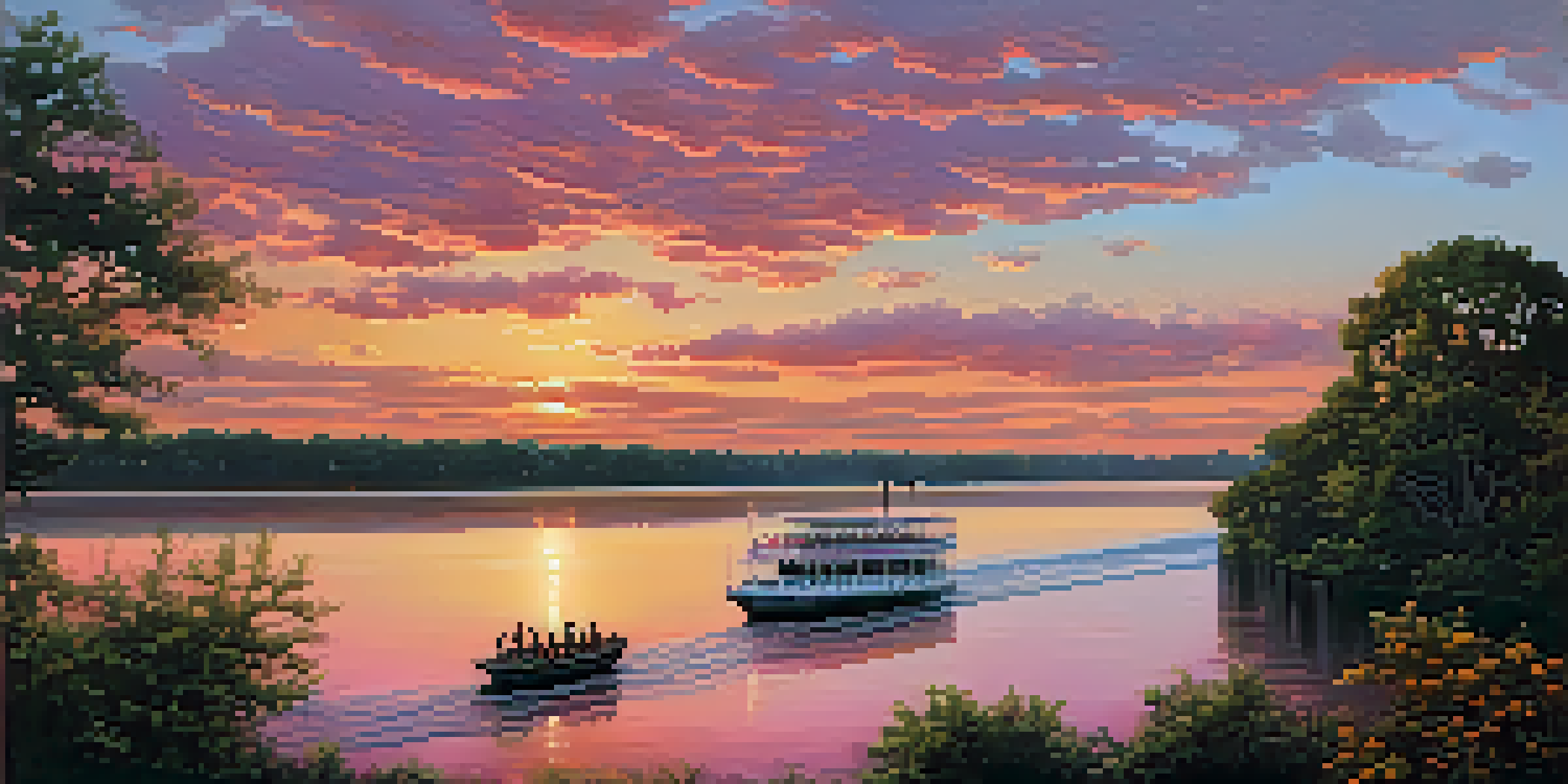 A sunset over the Savannah River with a riverboat and silhouetted historic buildings.