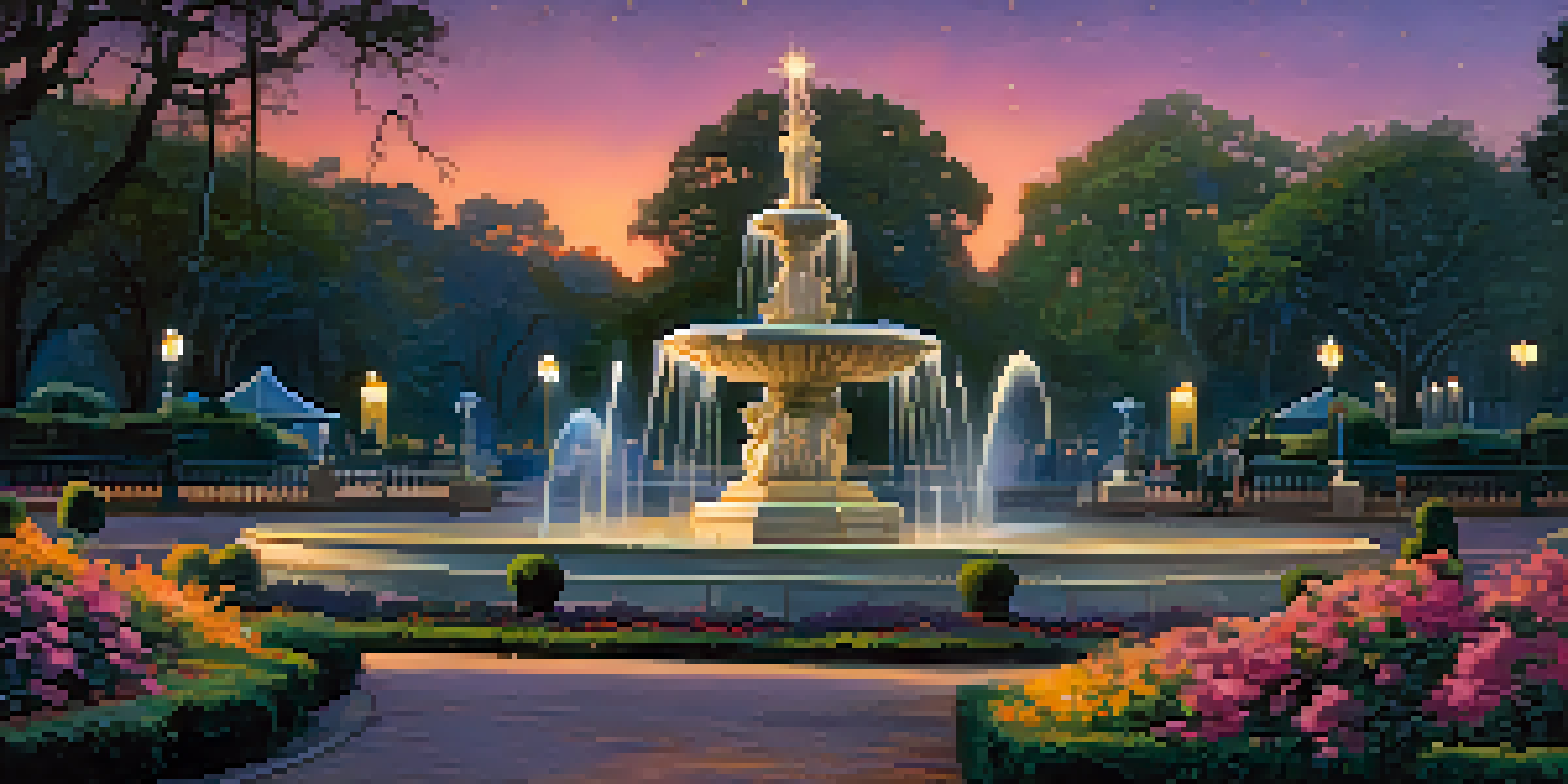 A twilight view of Forsyth Park featuring the illuminated Forsyth Fountain surrounded by greenery and ghostly silhouettes.