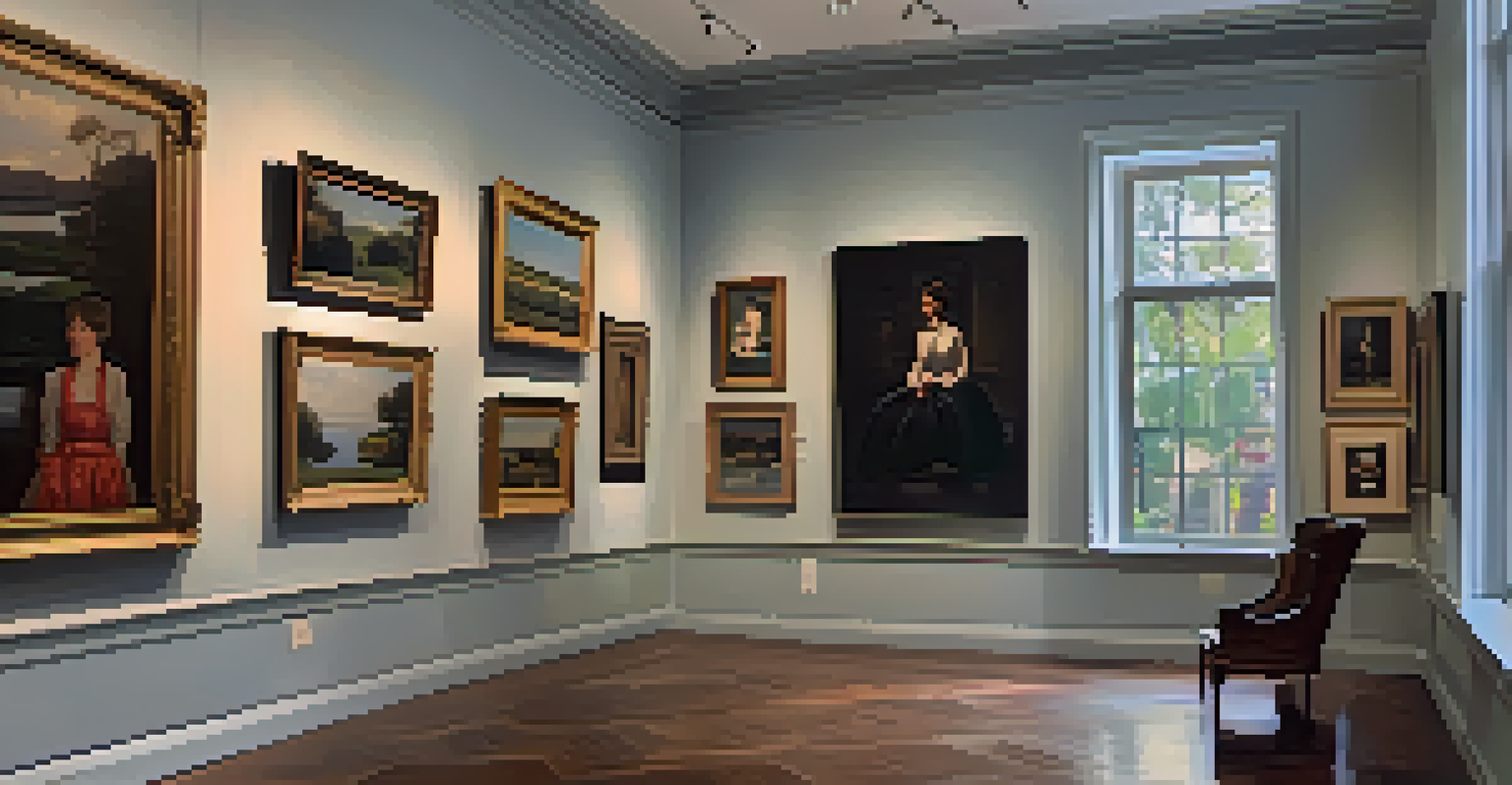 An art gallery interior with traditional and contemporary artworks, natural light, and visitors discussing the pieces.