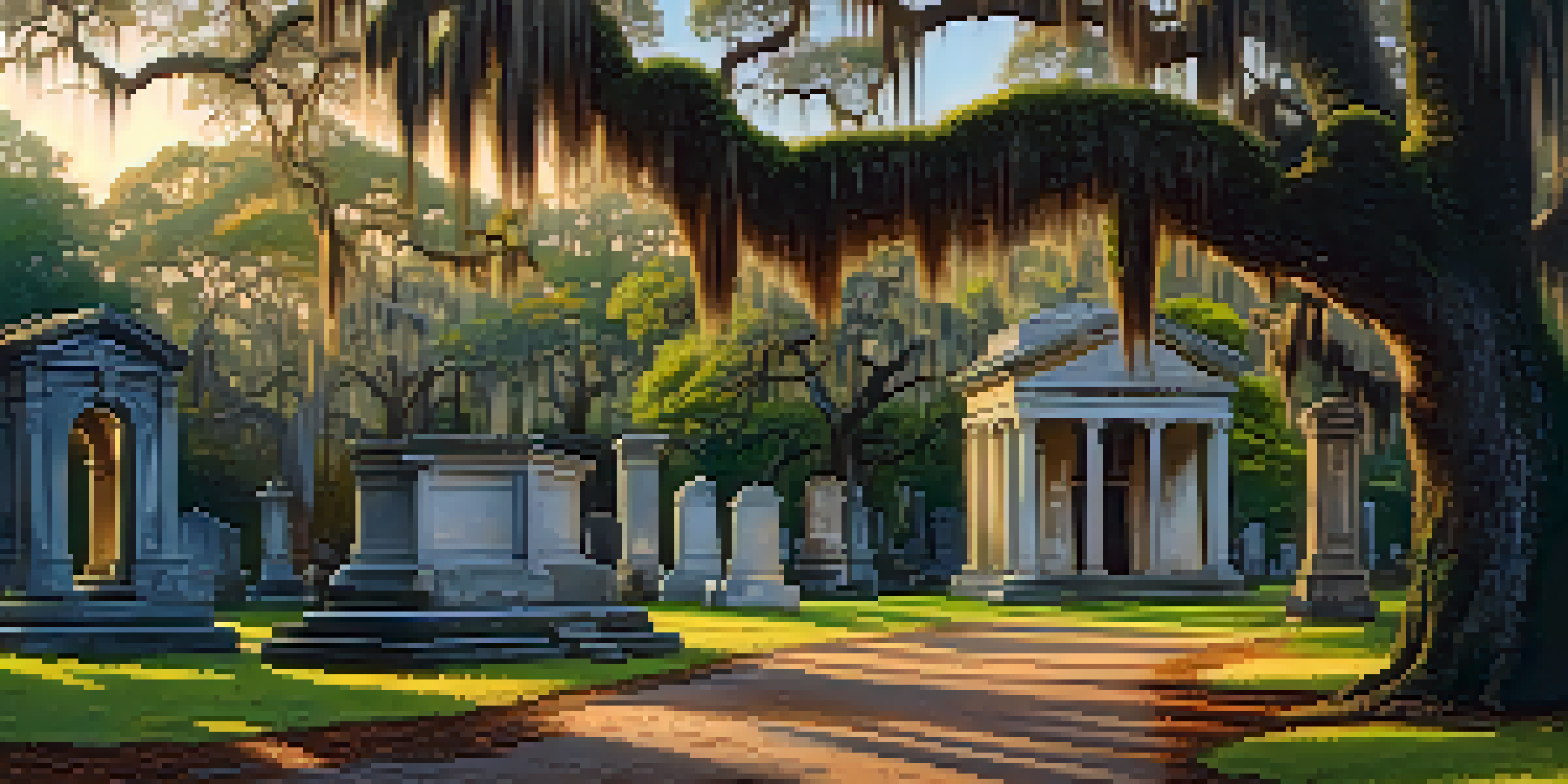 A tranquil scene in Bonaventure Cemetery at dusk, showcasing ancient trees and detailed mausoleums bathed in golden sunset light.