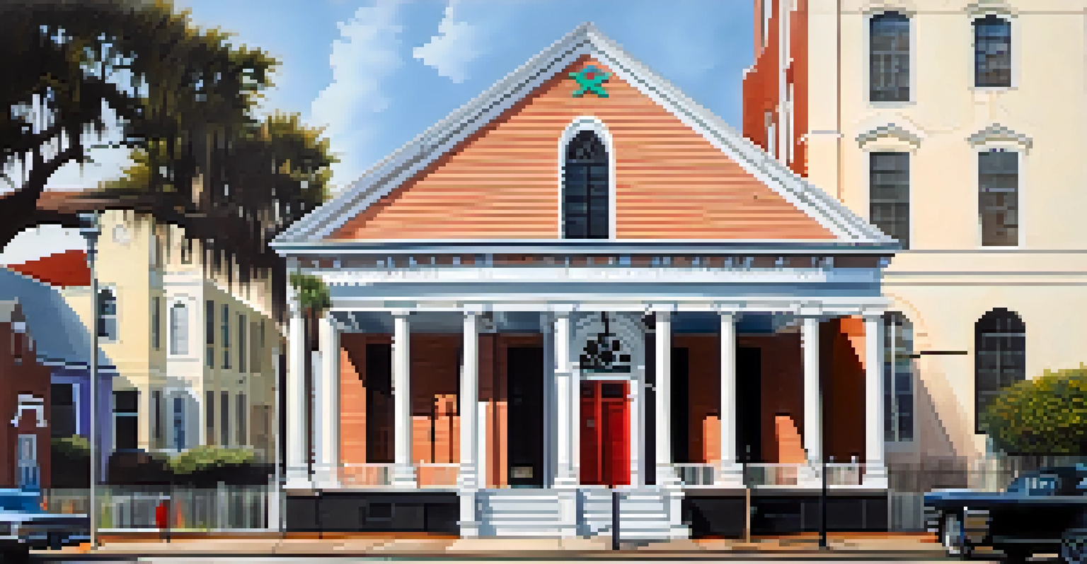 Exterior view of the First African Baptist Church, showcasing Gothic and Egyptian architecture, with historical markers and a lively community setting.