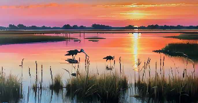 A coastal landscape with salt marshes, birds in flight, and a sunset sky filled with orange and pink hues.