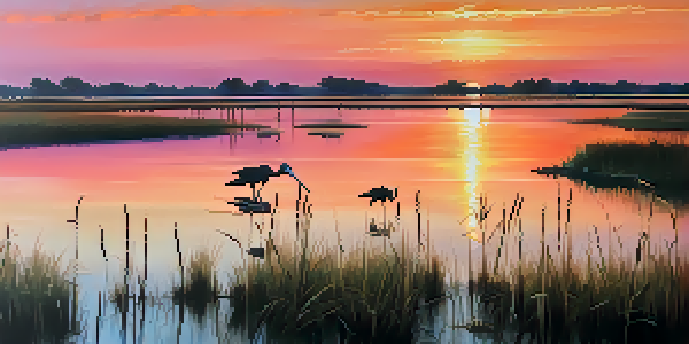 A coastal landscape with salt marshes, birds in flight, and a sunset sky filled with orange and pink hues.