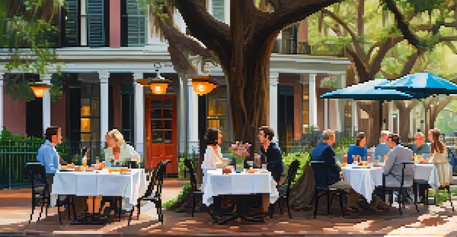 Outdoor dining in a historic square in Savannah, with a rustic table surrounded by live oaks and local musicians.