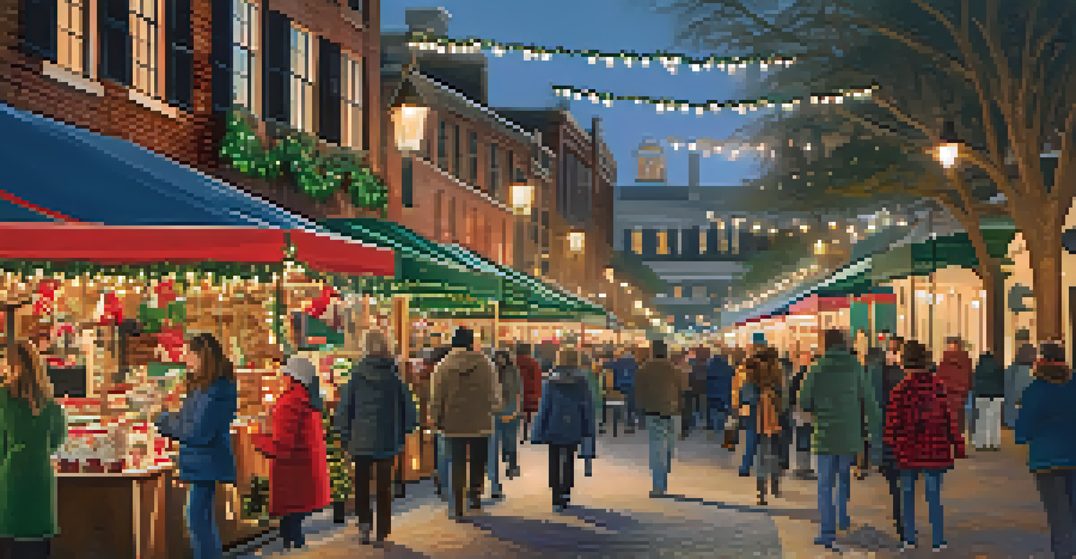A winter holiday market with twinkling lights and festive displays, featuring local artisans and families enjoying the festive atmosphere.