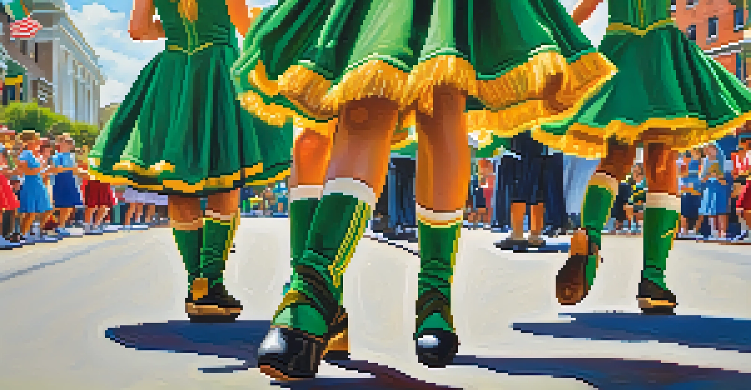 Traditional Irish dancers in green costumes performing at the St. Patrick's Day Parade with a cheering crowd behind them.
