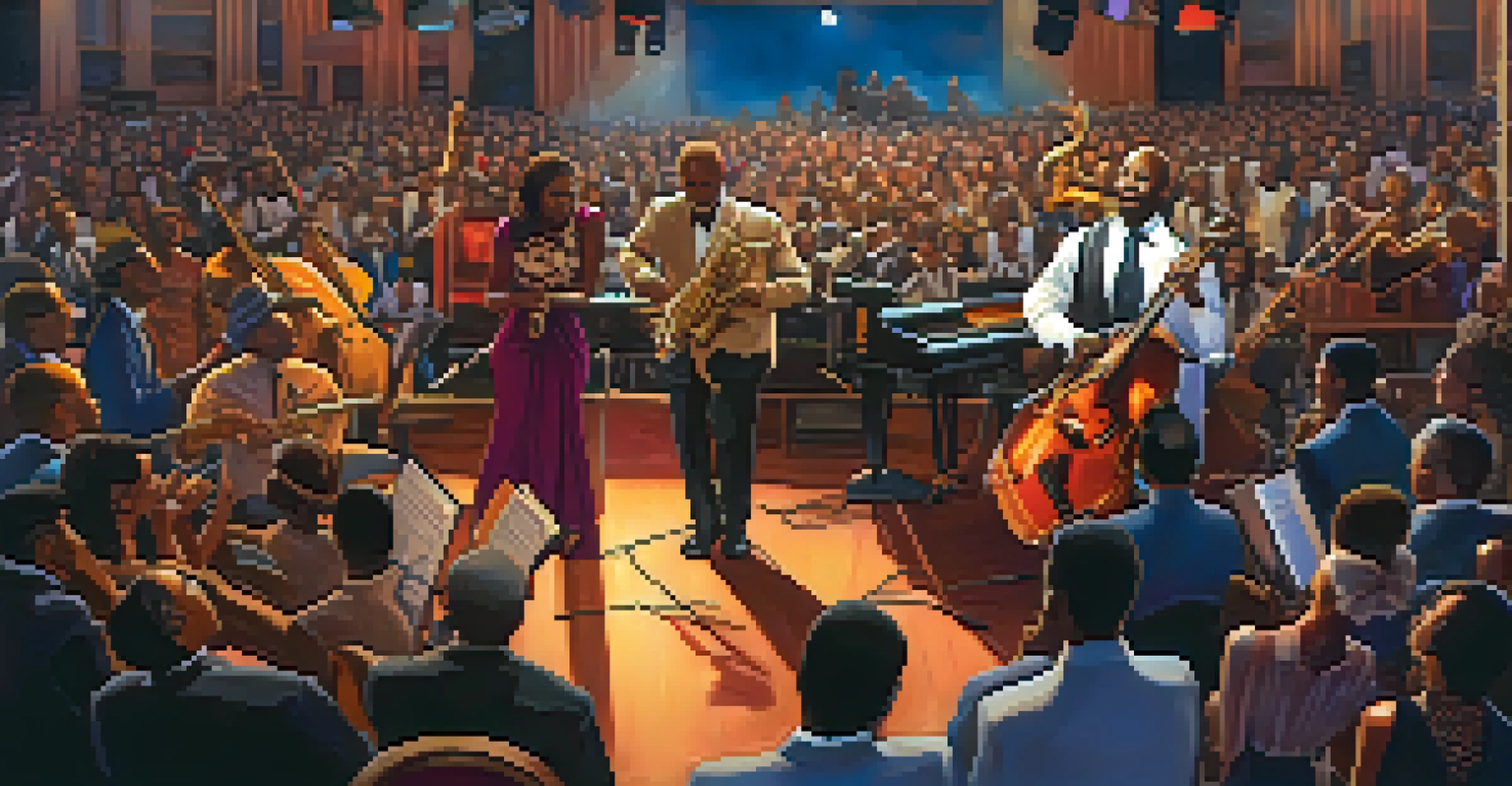 A dynamic performance at the Savannah Music Festival, featuring musicians on stage with an excited audience, illuminated by bright stage lights.