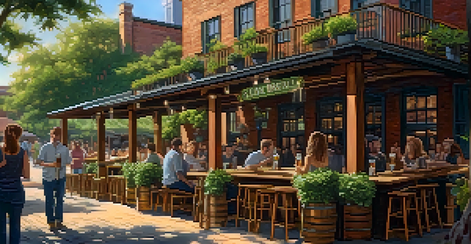 An outdoor seating area at a craft brewery in Savannah, with people enjoying beers and surrounded by trees and historic architecture.