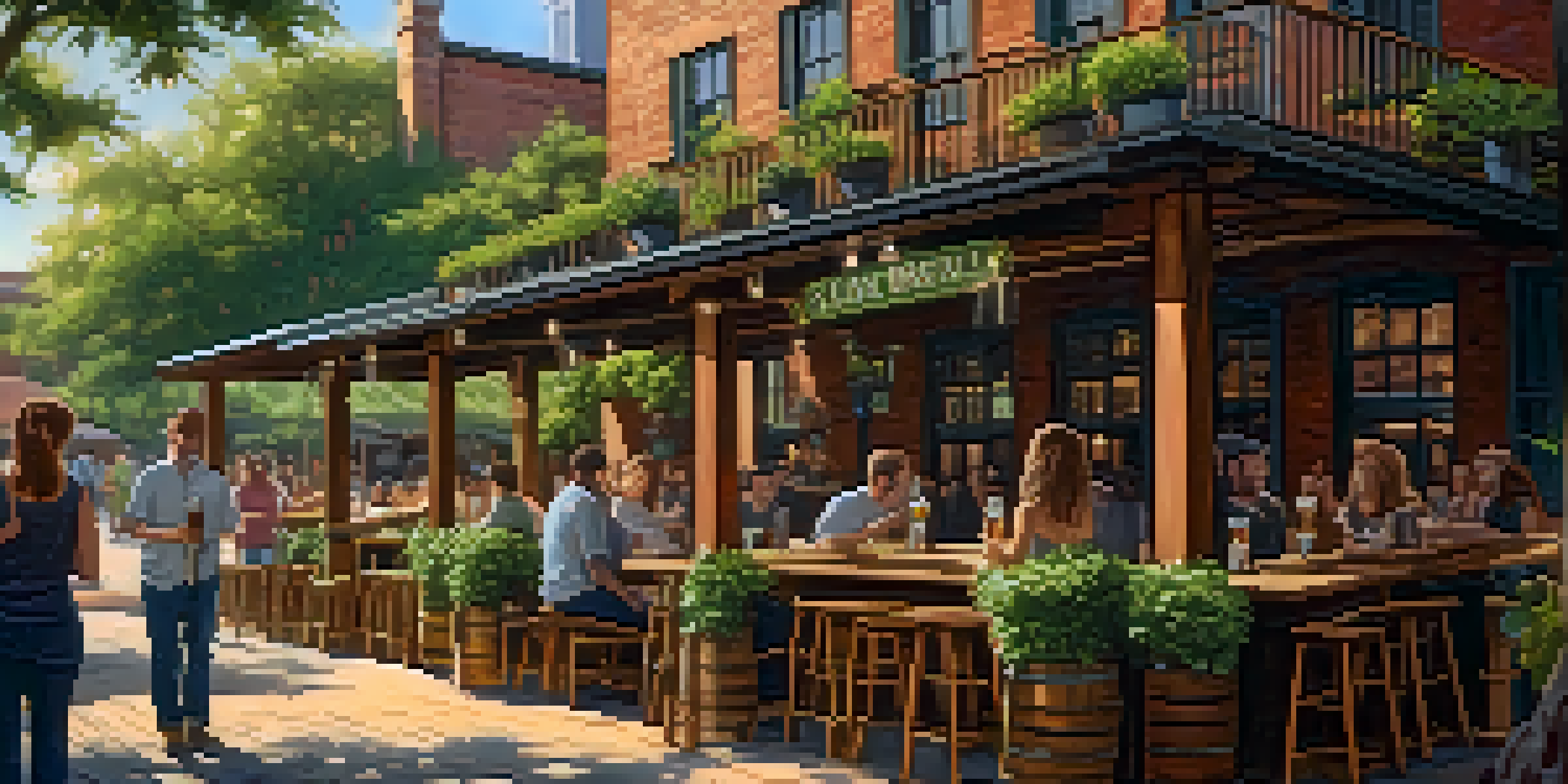 An outdoor seating area at a craft brewery in Savannah, with people enjoying beers and surrounded by trees and historic architecture.