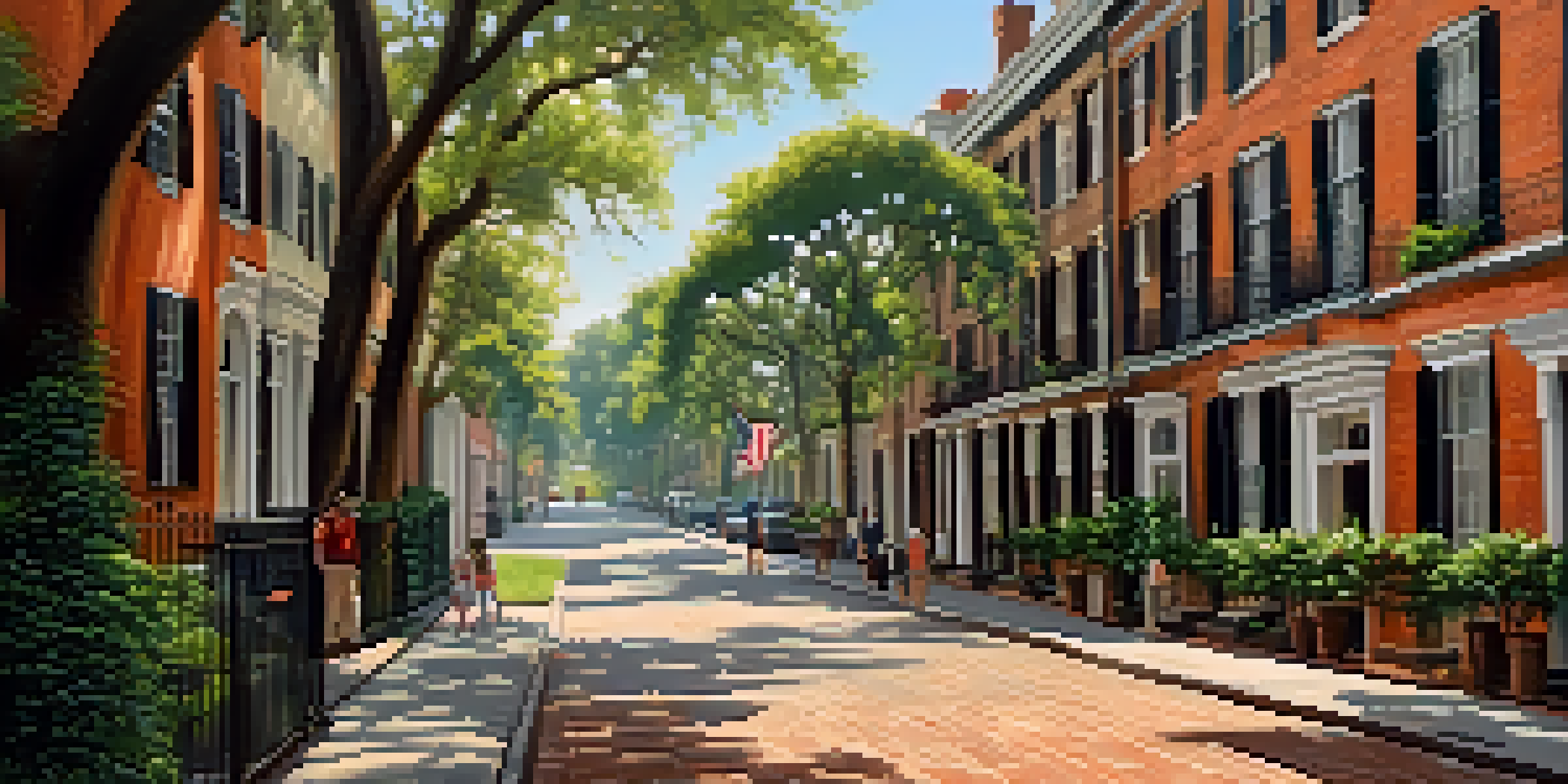 A sunny day in Savannah's Historic District with cobblestone streets, historic buildings, and visitors walking among the lush greenery.