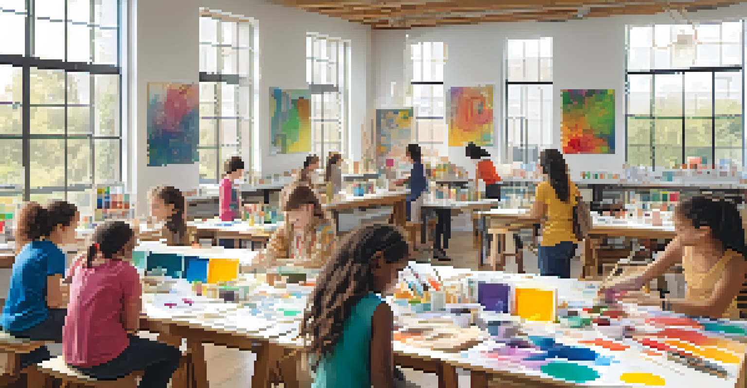 A community art workshop with children and adults creating art together in a bright studio filled with colorful artwork and art supplies.