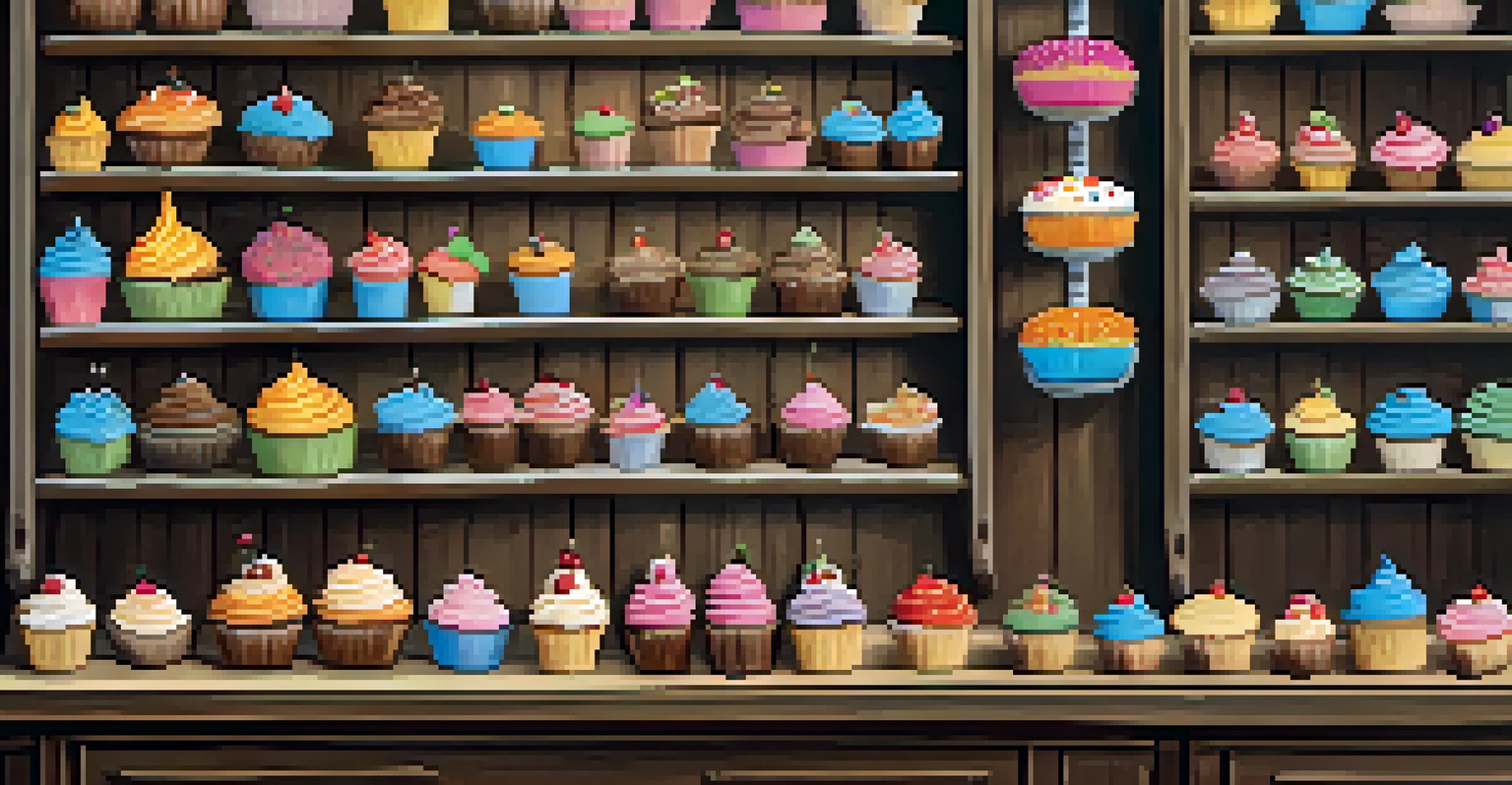 A display of beautifully decorated cupcakes in a charming bakery, with rustic wooden shelves and soft natural lighting.