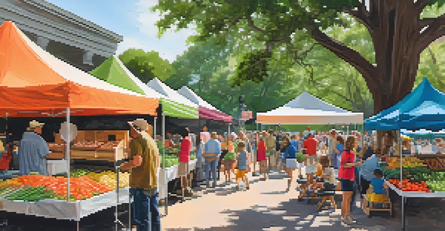 A vibrant farmer's market in a green space, featuring stalls of fresh produce and crafts, with families and children enjoying the sunny day.