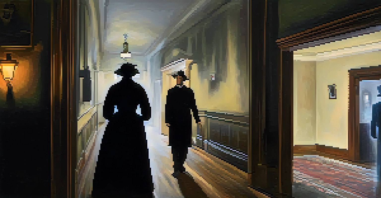 A ghost tour group in the Marshall House, with a guide holding a lantern and guests listening to ghost stories in a dimly lit hallway.