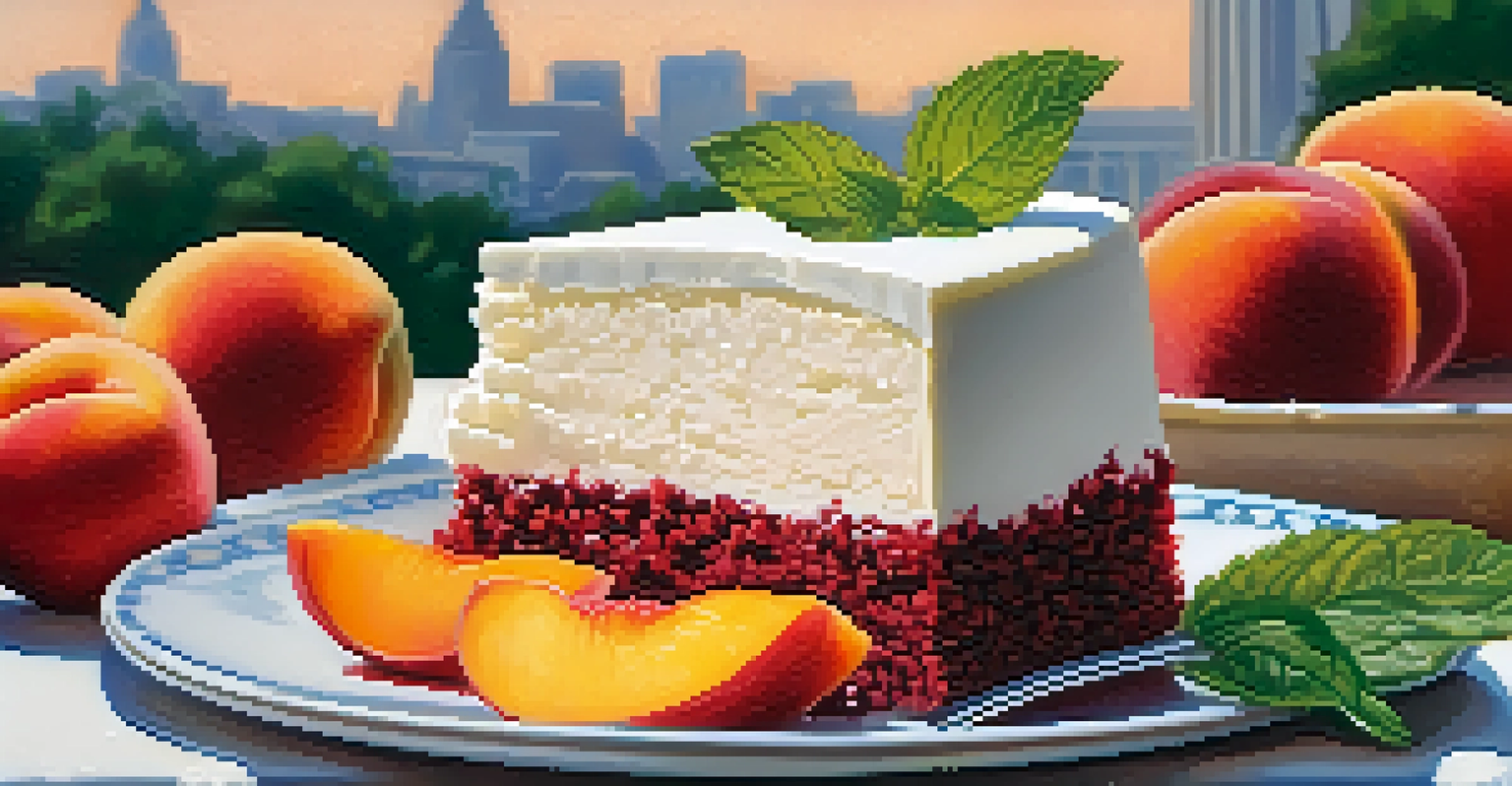 A close-up of a slice of red velvet cake with cream cheese frosting, accompanied by fresh peaches and mint leaves, beautifully presented.