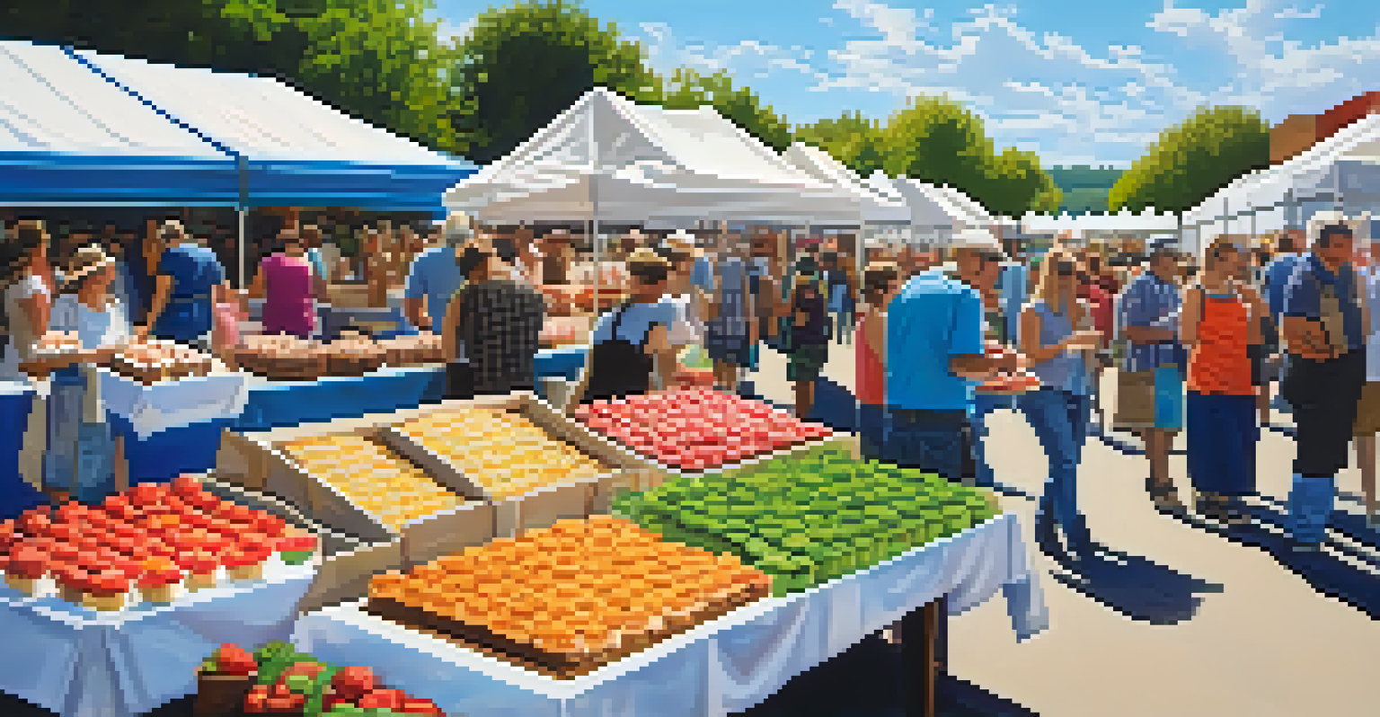 A bustling farmers' market with colorful stalls displaying sweet treats and fresh produce under a clear blue sky.