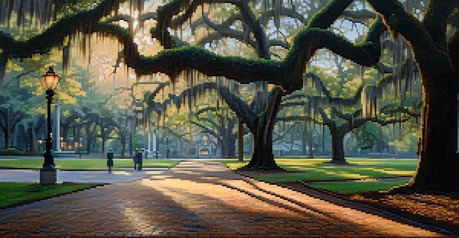 A close-up view of a cobblestone pathway in Forsyth Park illuminated by moonlight, with faint apparitions of soldiers in the distance.
