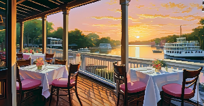 A vibrant Savannah Riverfront restaurant scene with outdoor dining, guests enjoying meals under a colorful sunset.