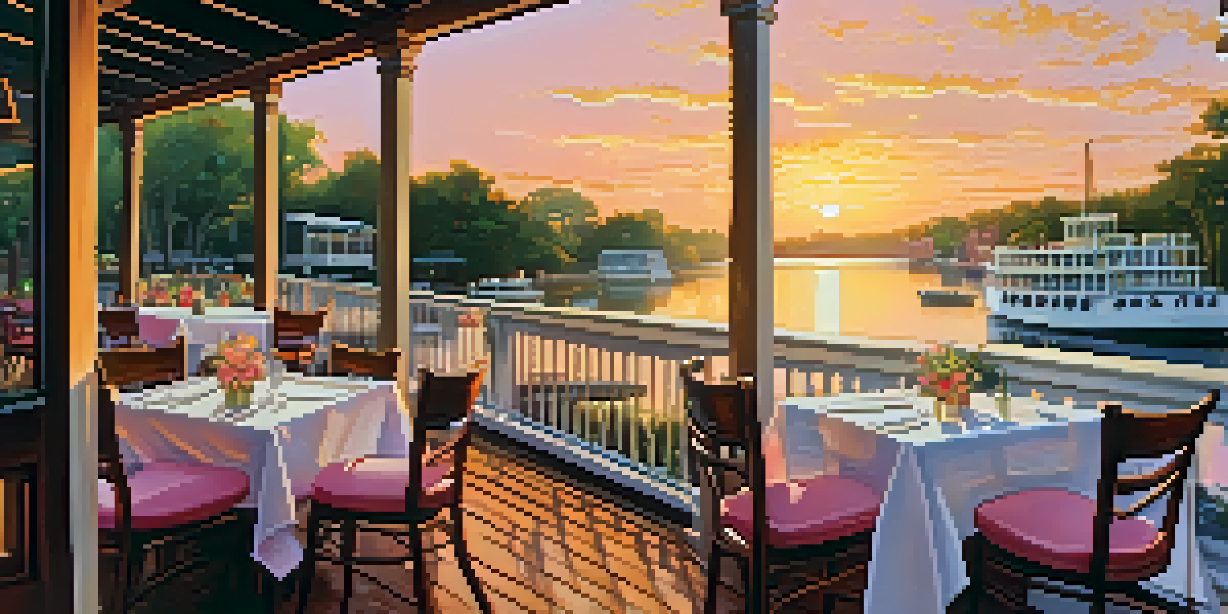 A vibrant Savannah Riverfront restaurant scene with outdoor dining, guests enjoying meals under a colorful sunset.