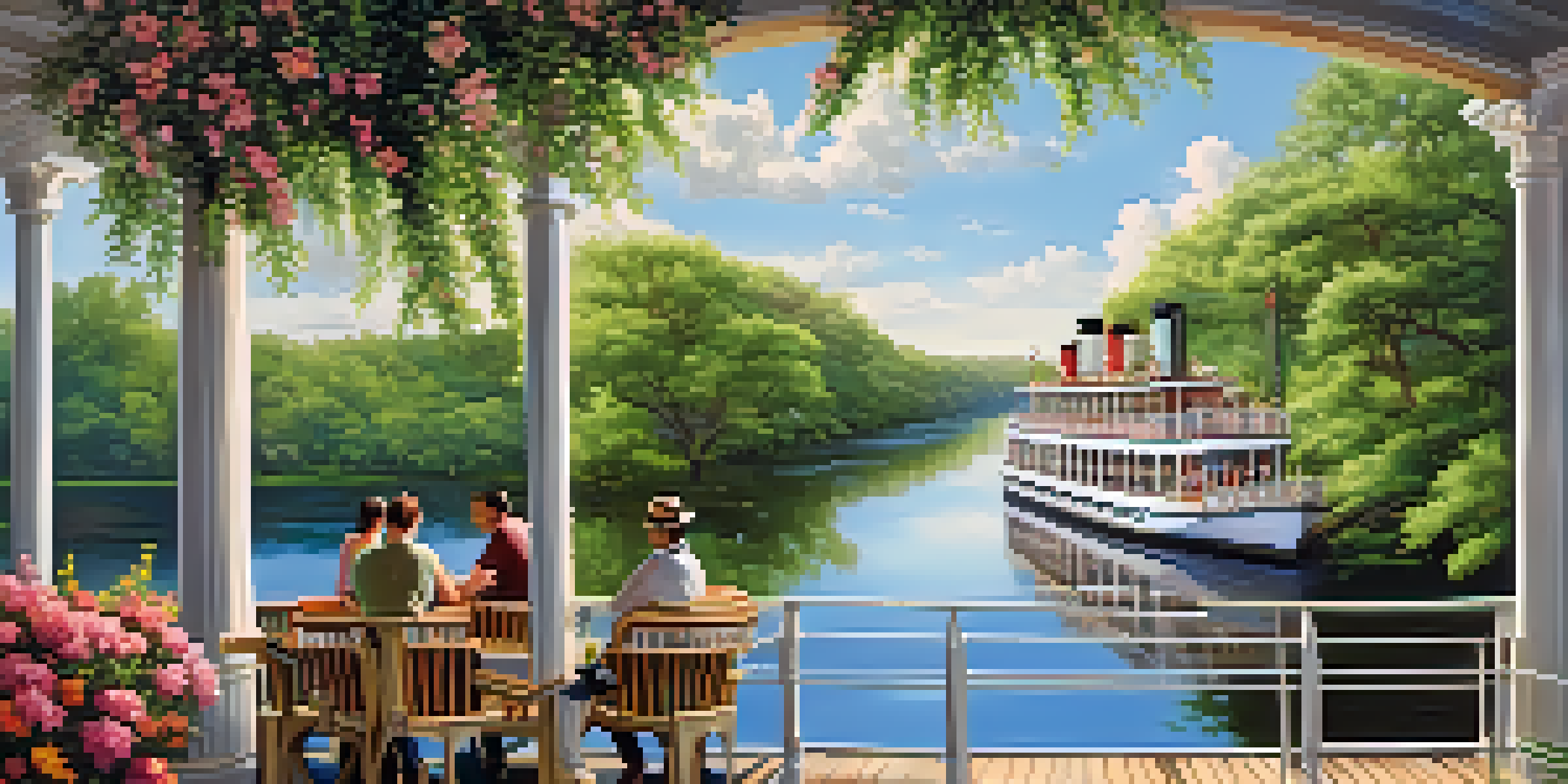 A riverboat cruise on the Savannah River in spring, with blooming flowers and lush green trees surrounding the river.