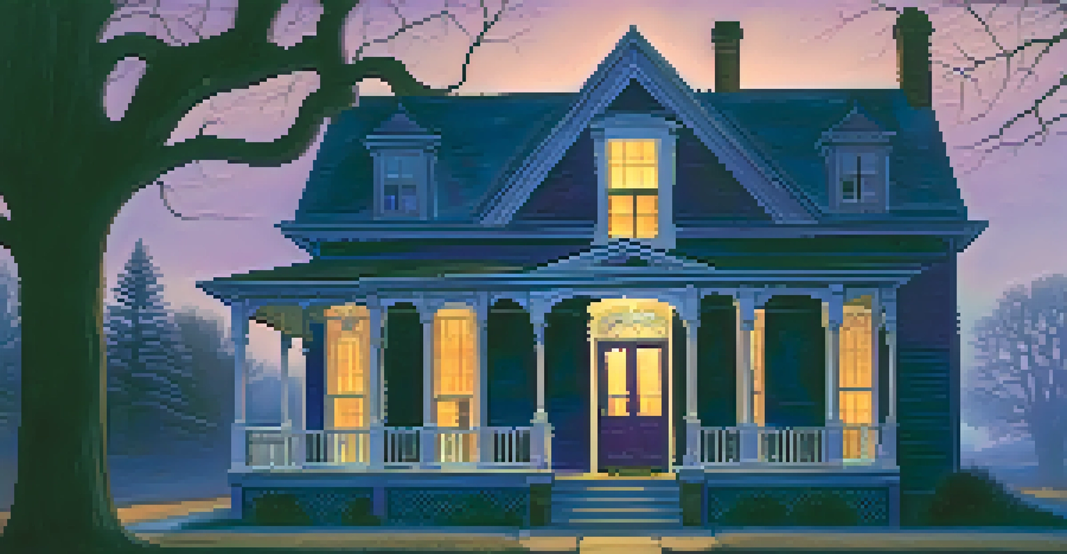 The exterior of the Marshall House at twilight, with warm lights, a colorful sky, and a faint silhouette of a child in a window.