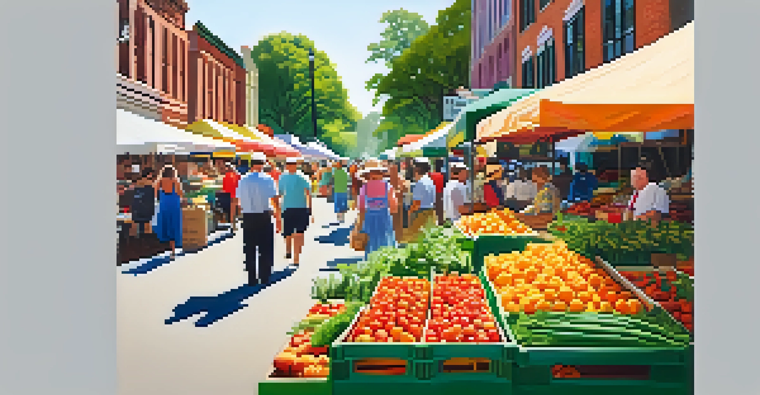 A bustling farmers' market in Savannah with colorful produce stalls and people enjoying the vibrant atmosphere.