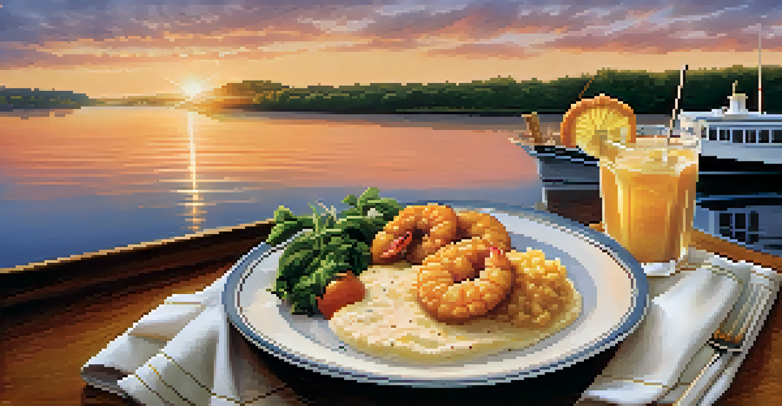 A plate of Southern cuisine on a riverboat with a sunset backdrop.
