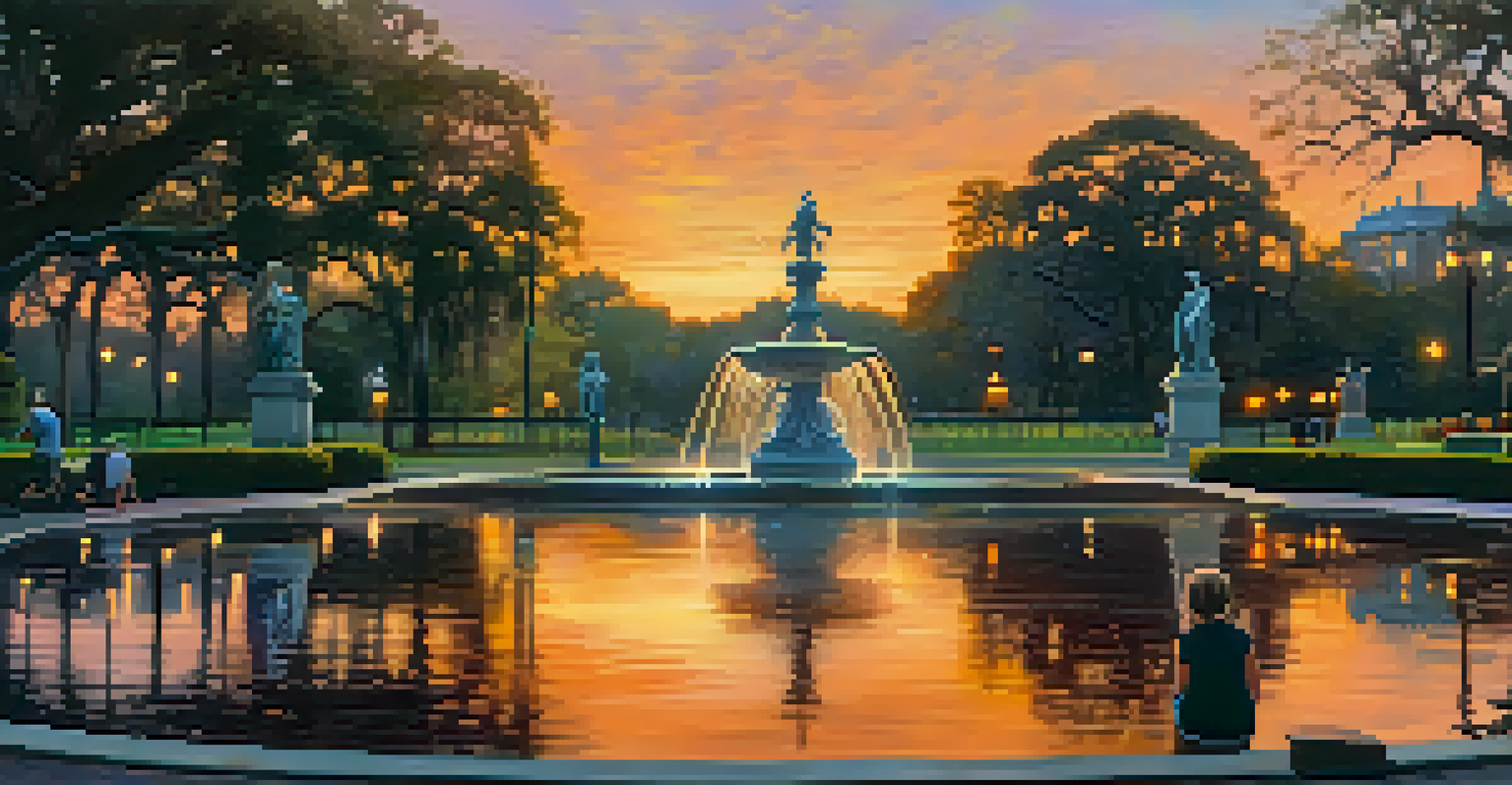 A panoramic view of Forsyth Park at dusk with a sunset reflecting off the fountain, featuring ghostly figures of children playing.