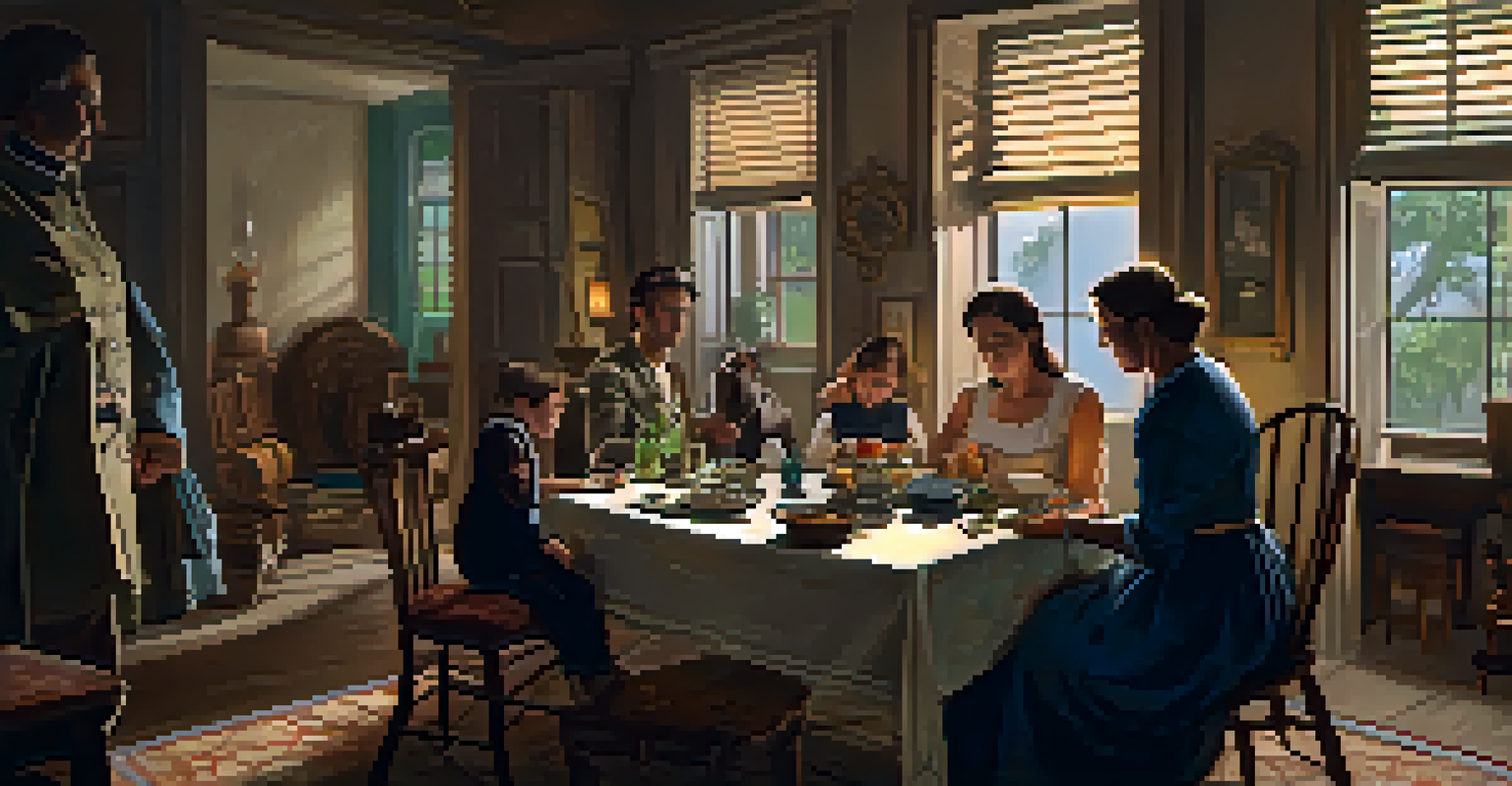 An interior scene of a family in Savannah during the siege, gathered around a table with a meager meal, portrayed in dim lighting.