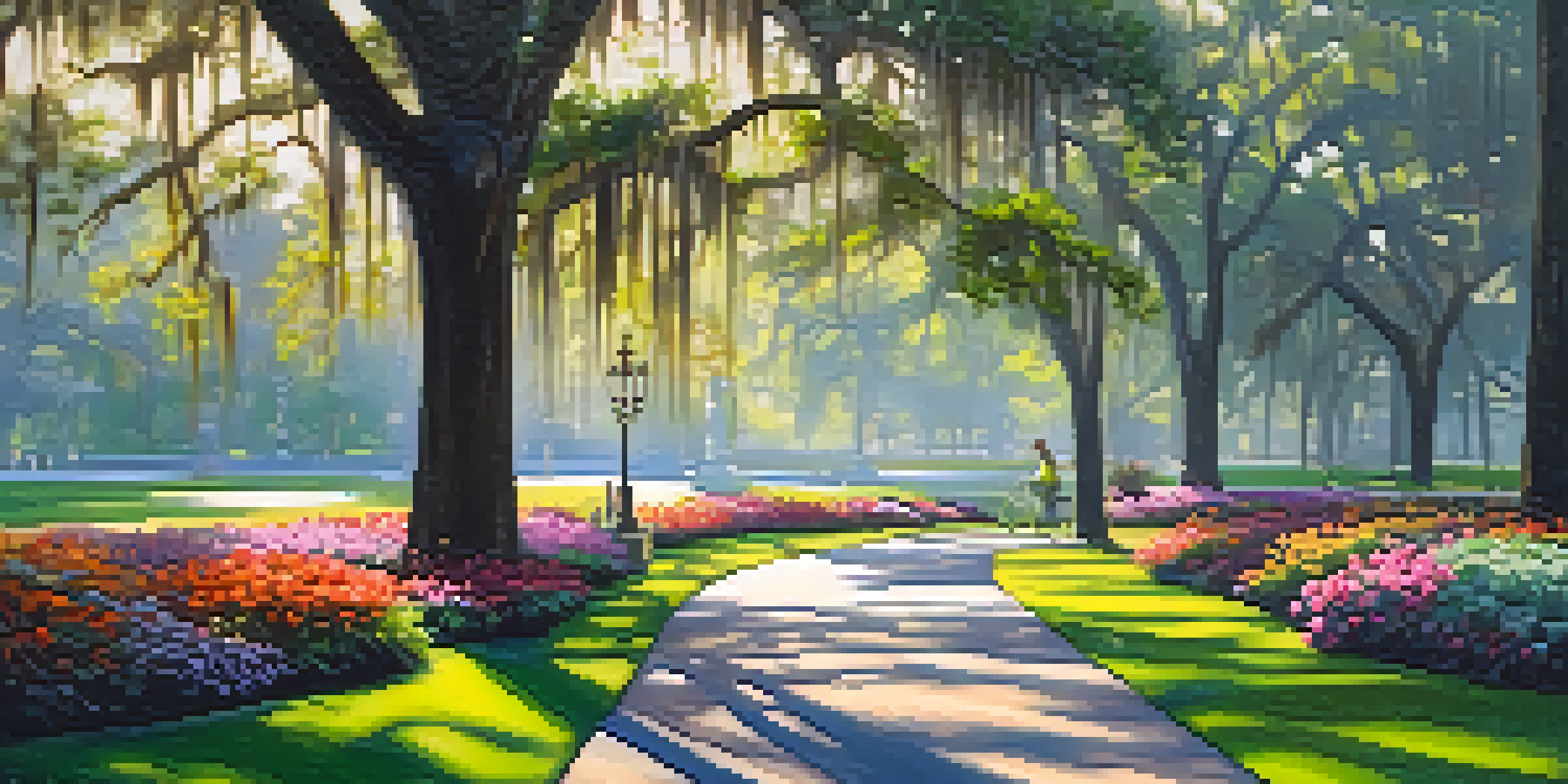 A peaceful morning in Forsyth Park with sunlight through trees and a painter capturing the landscape on her canvas.