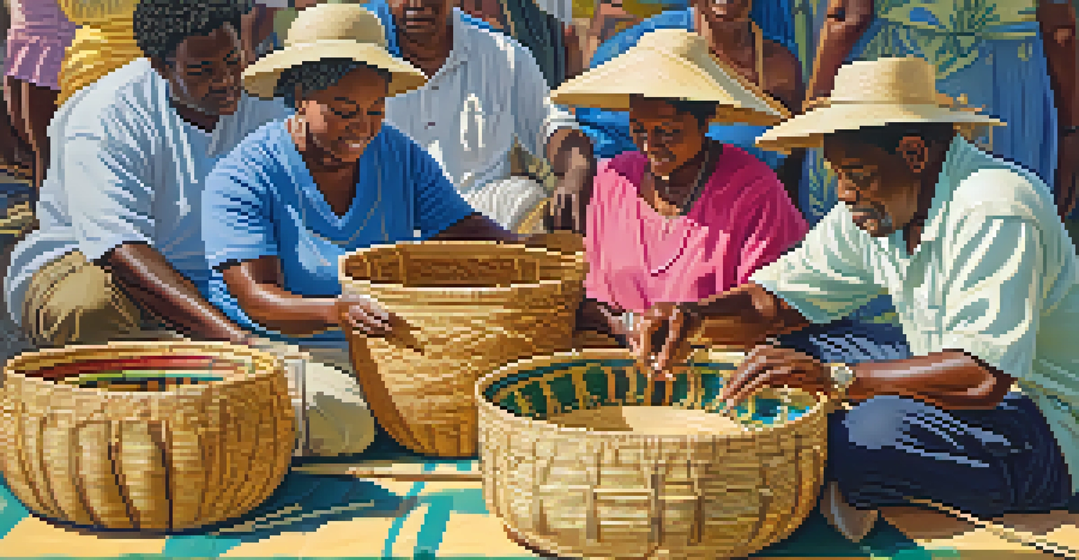A close-up of an artisan weaving a sweetgrass basket, with colorful baskets displayed around and festival attendees watching, illuminated by warm lighting.