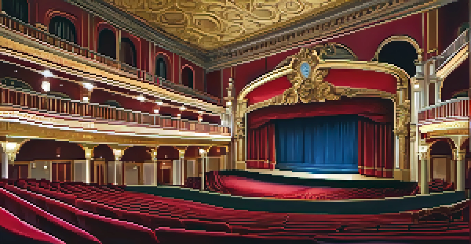 The interior of the Lucas Theatre featuring plush red velvet seats, ornate decorations, and a stage with colorful curtains under soft lighting.