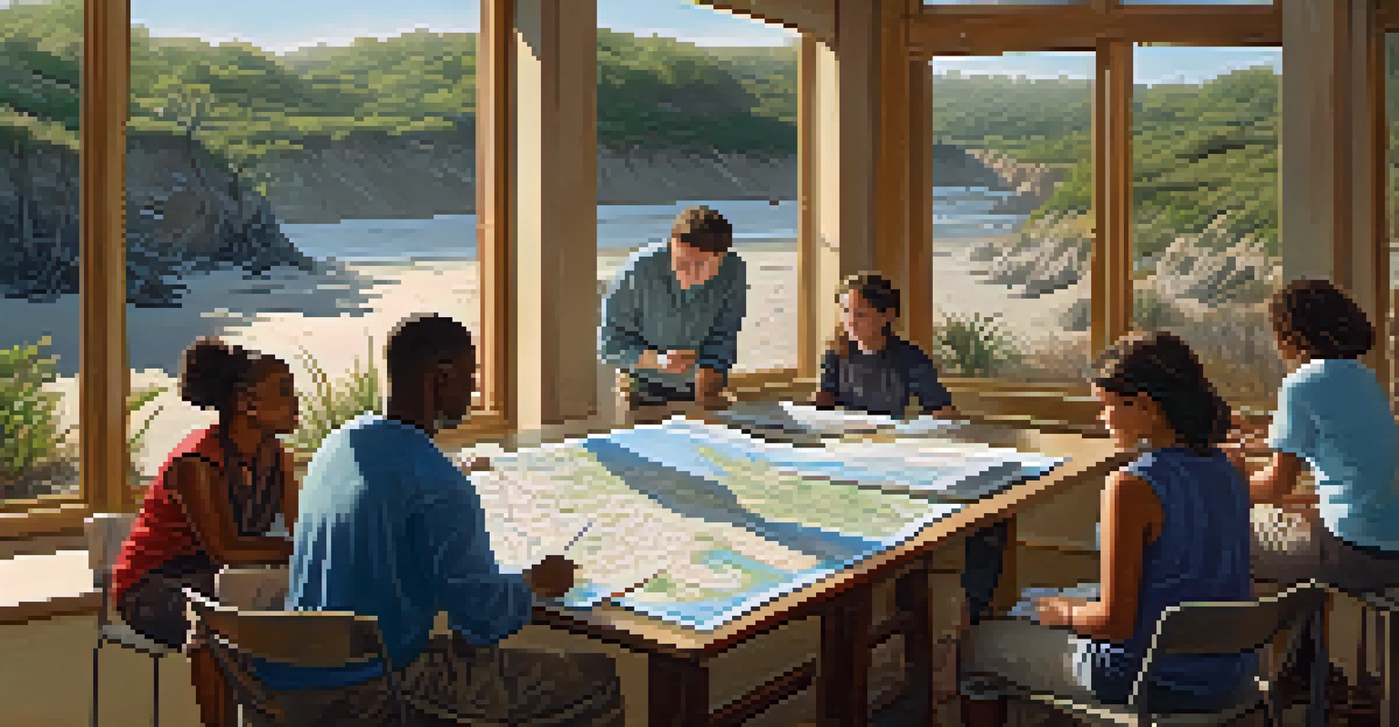 Community members attending a workshop on coastal erosion, with materials and plants laid out on the table, and sunlight streaming in.