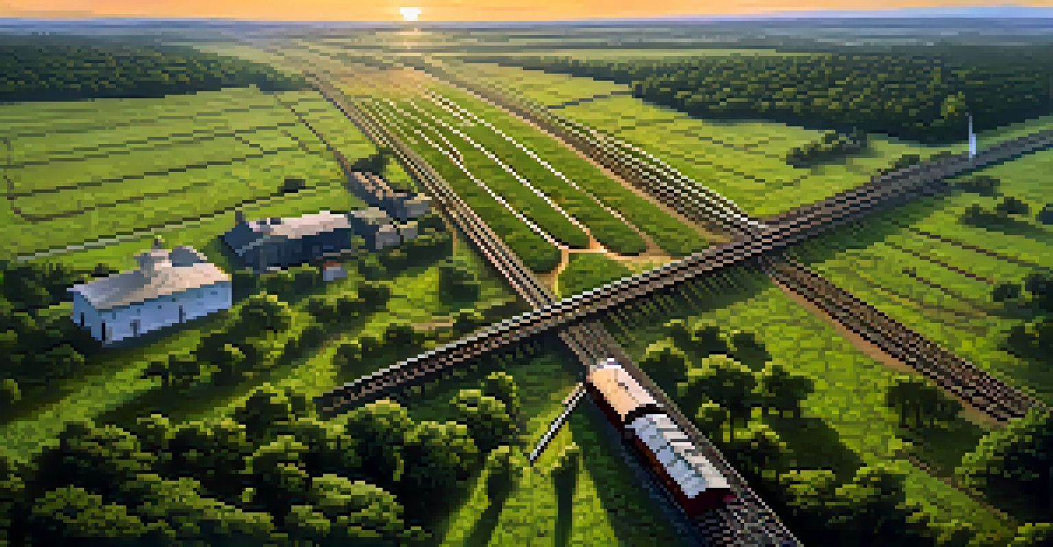 An aerial view of Savannah's railway system with trains and green fields.