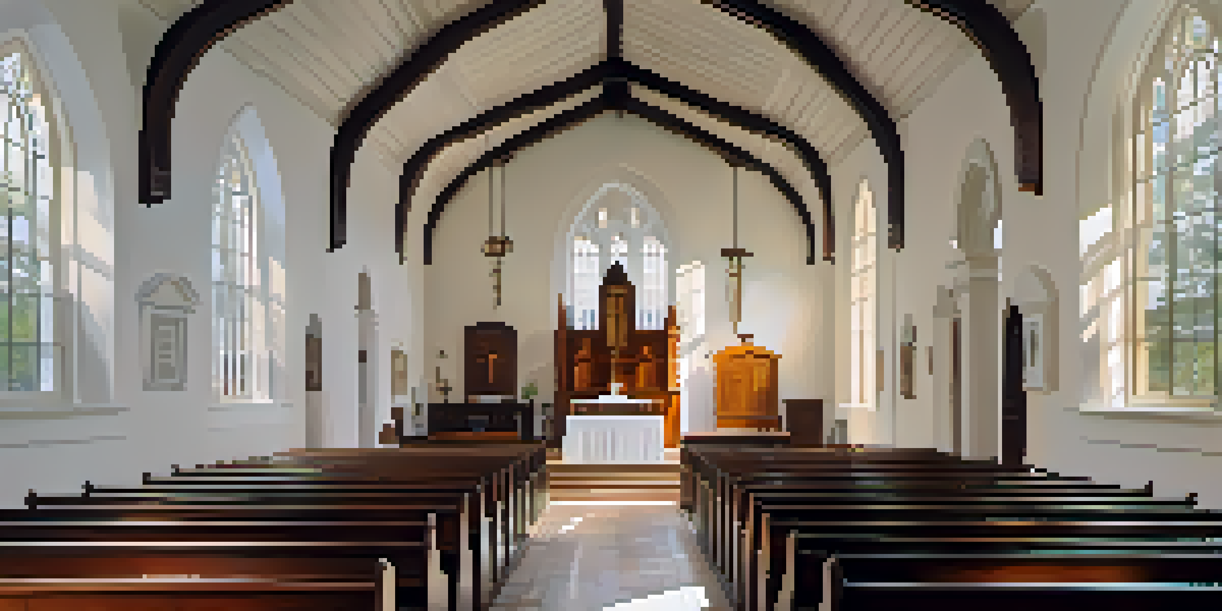 Interior of Christ Church in Savannah, featuring wooden pews and white walls, illuminated by soft sunlight from the windows.