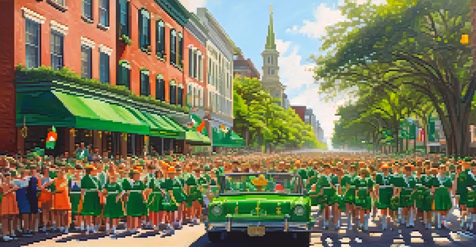 A lively St. Patrick's Day Parade in Savannah with colorful floats, spectators in green, and historic buildings in the background.
