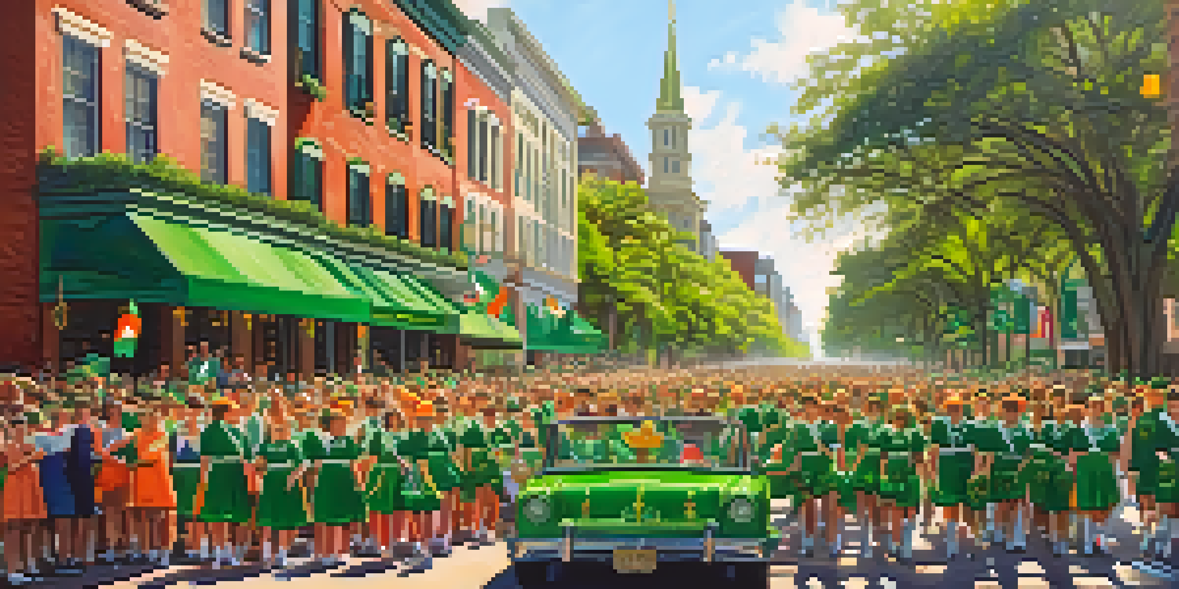 A lively St. Patrick's Day Parade in Savannah with colorful floats, spectators in green, and historic buildings in the background.