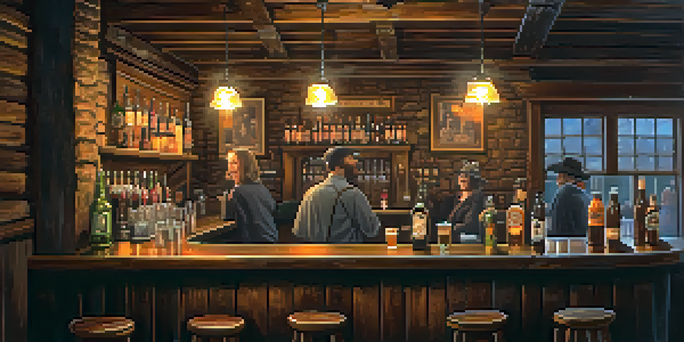 A ghostly bartender serving drinks in a lively pub, with vintage decor and patrons enjoying their drinks.