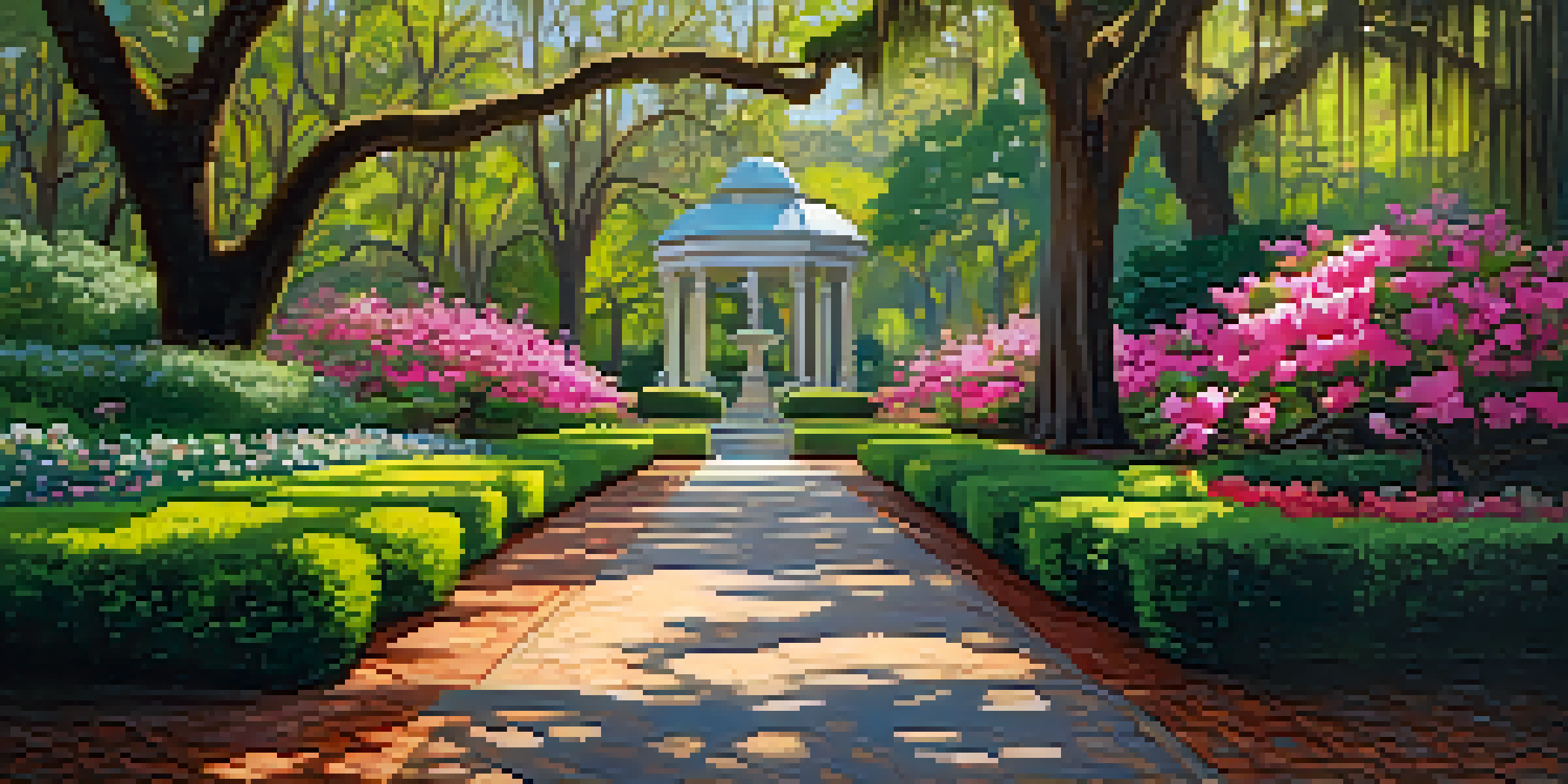 A peaceful garden filled with colorful flowers and greenery, with winding paths and benches under soft sunlight.
