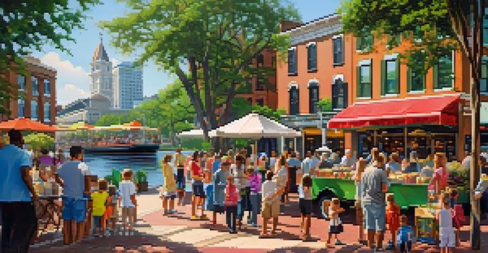 Families enjoying a sunny day at the Savannah Riverwalk, with children watching boats and street performers entertaining the crowd.