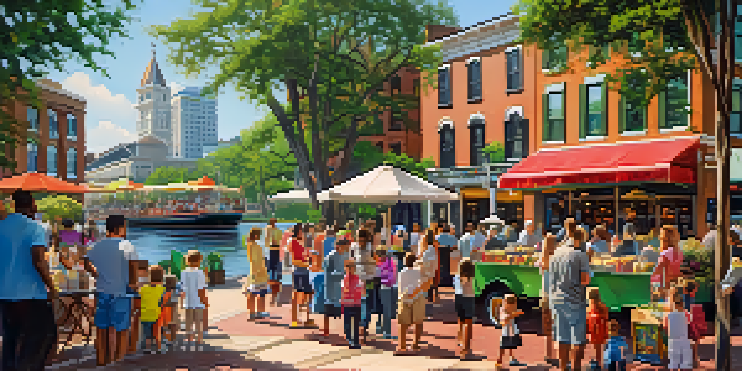 Families enjoying a sunny day at the Savannah Riverwalk, with children watching boats and street performers entertaining the crowd.