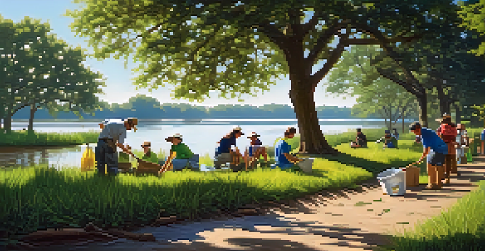 A peaceful view of the Savannah River with community members cleaning the riverbank, surrounded by vibrant greenery and sunlight.