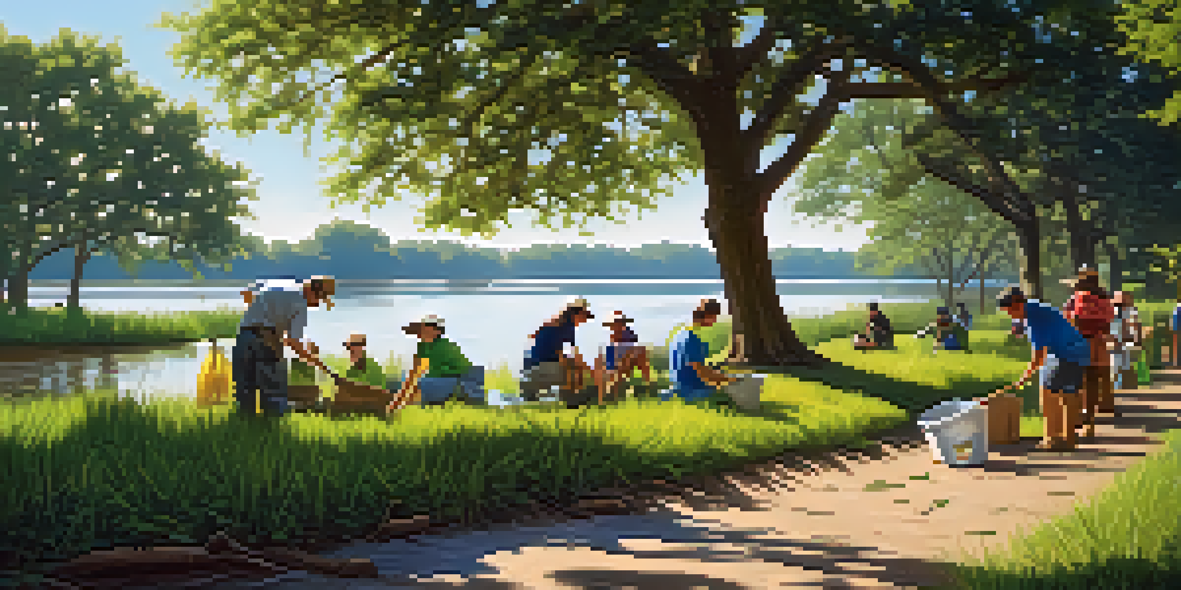 A peaceful view of the Savannah River with community members cleaning the riverbank, surrounded by vibrant greenery and sunlight.