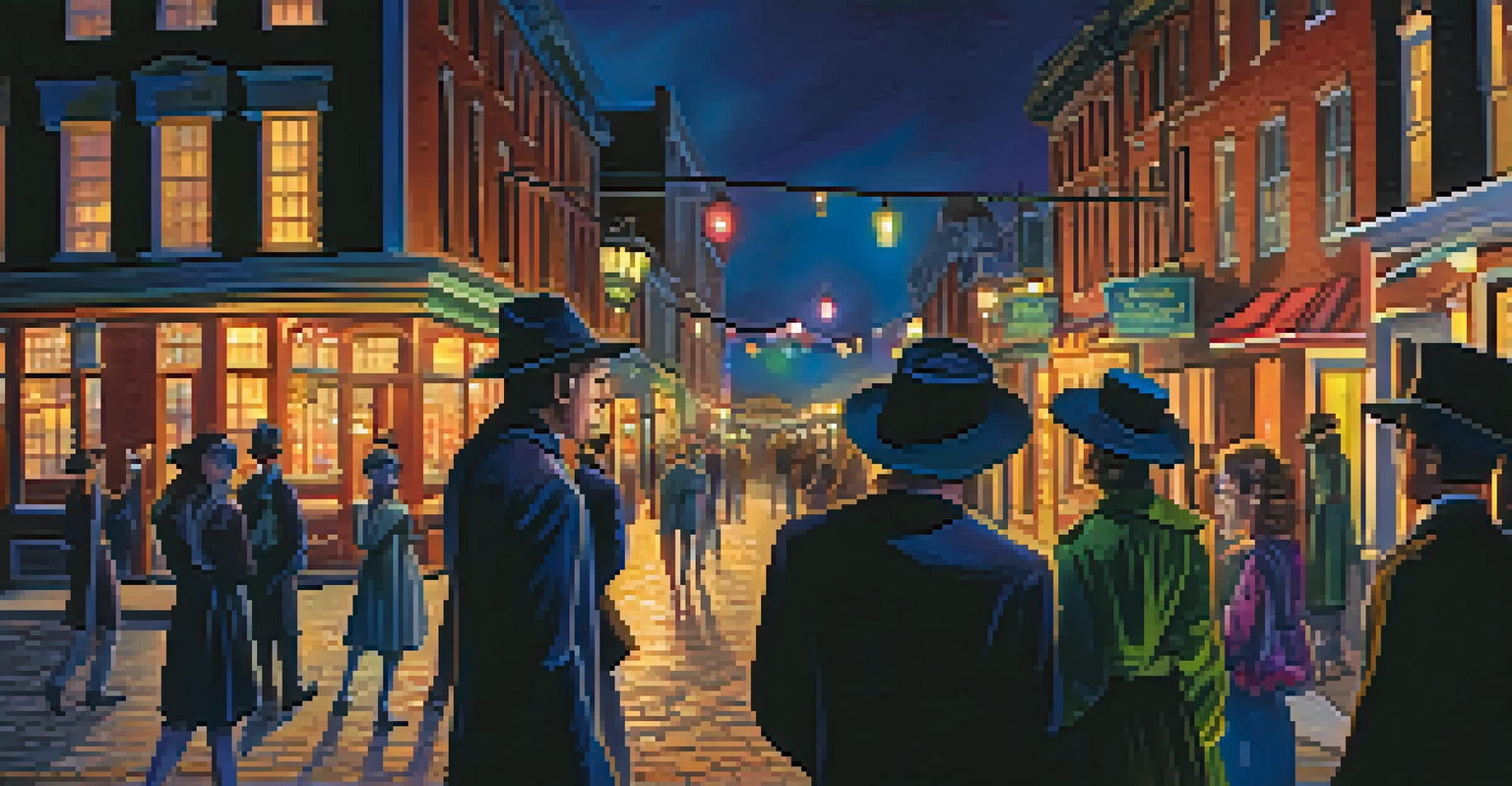 A group of people on a haunted tour at night, holding lanterns and exploring River Street, with historic buildings and playful shadows in the background.