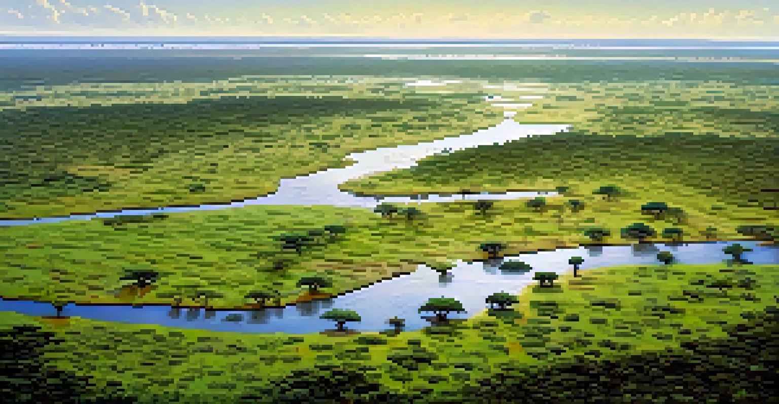 An aerial view of a savannah after seasonal rain, featuring green vegetation and wildlife like zebras and elephants.