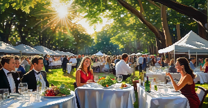 An outdoor festival scene showcasing a table with gourmet food and wine, surrounded by greenery and attendees in stylish clothing.