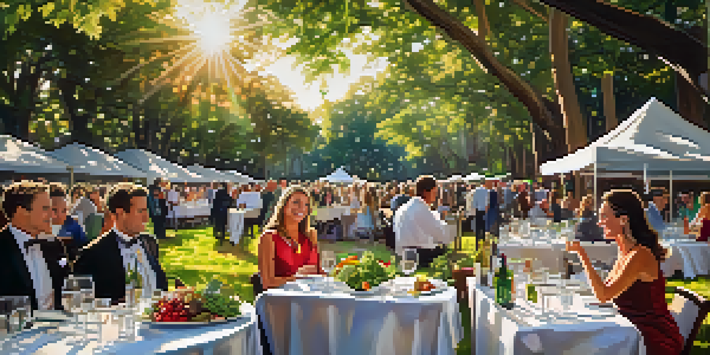 An outdoor festival scene showcasing a table with gourmet food and wine, surrounded by greenery and attendees in stylish clothing.